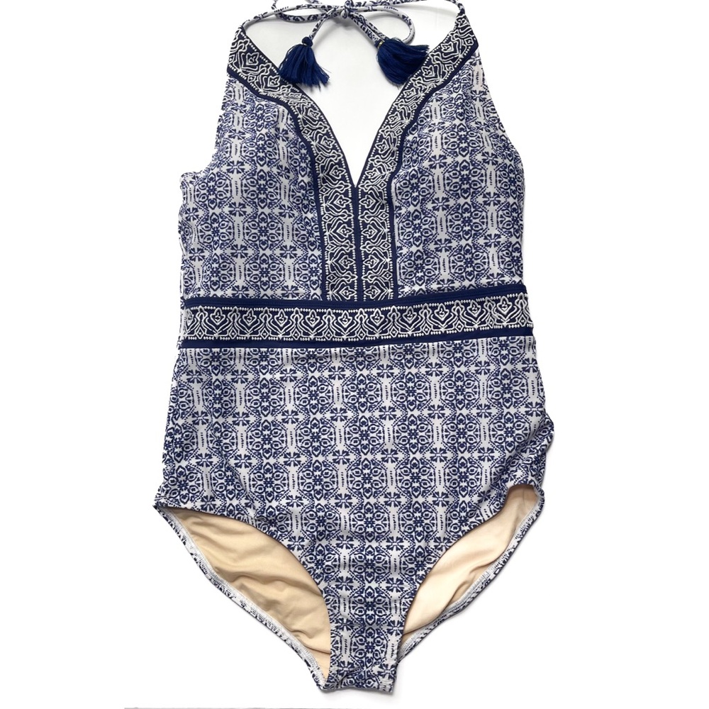 Cabana Life x Talbots One Piece Halter V Neck Blue White Mosaic Tassel Ties M